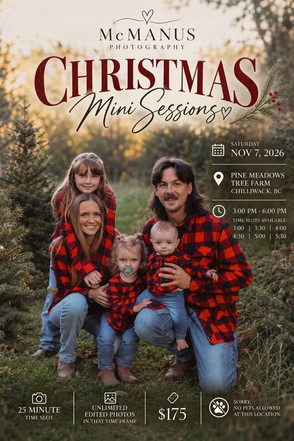 McManus Photography Christmas Mini Sessions poster — Pine Meadows Tree Farm, Chilliwack BC, Saturday November 7 2026, 3 to 6 pm, $175